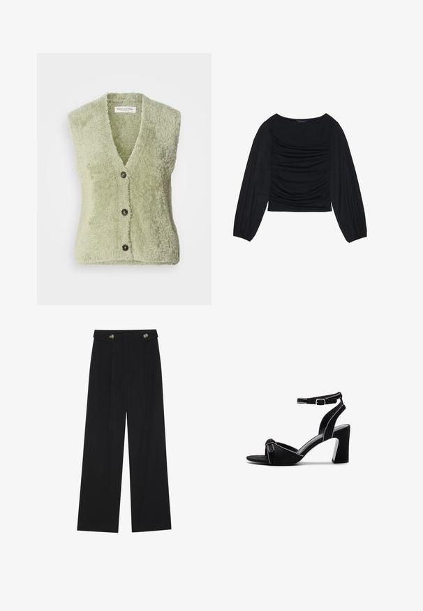 Világoszöld, ujjatlan mellény, puha, texturált anyagból készült, V-nyakkivágással és három sötét gombbal az elején.; Fekete, hosszú ujjú felső, amely elől és a csuklónál ráncolt anyagrészletekkel rendelkezik, puha, rugalmas anyagból készült és csónaknyakú.; Fekete, bő szárú nadrág magas derékkal, gombos részletekkel a derékrészen és elülső pliszékkal.; Fekete velúr magassarkú szandál széles tömbsarkal, állítható boka hevederrel, nyitott orral és kontrasztos varrással.