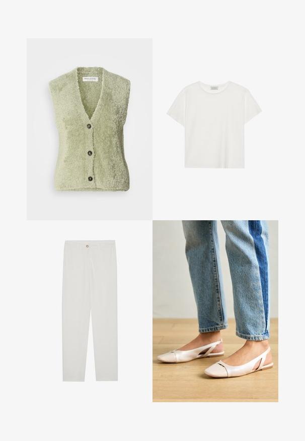 Colete sem mangas verde-claro, feito de um tecido suave e texturizado, com um decote em V e três Botões escuros na frente.; T-shirt branca de manga curta feita de algodão macio. Apresenta um decote redondo e um corte descontraído. Design limpo sem padrões ou detalhes visíveis.; Calças brancas, ajustadas, com um design de perna reta, apresentando um fecho de botão, passantes para cinto e bolsos laterais; textura de tecido suave.; Sapatilhas slingback de cor rosa pálido com bico fino, feitas de um material semelhante a couro liso. Apresentam detalhes recortados nas laterais e um salto plano.