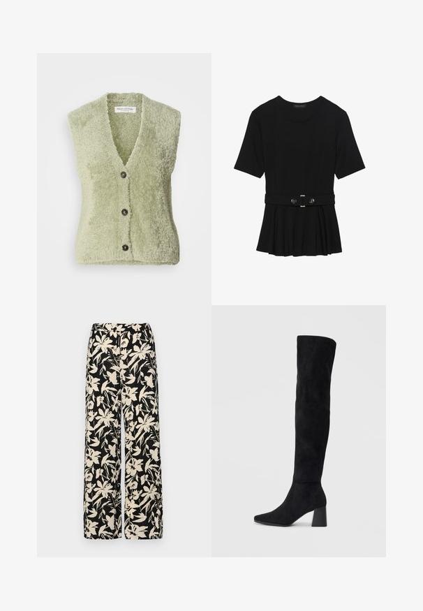 Svetlozeleni brezrokavnik iz mehkega, teksturiranega materiala, z V-izrezom in tremi temnimi gumbi na sprednji strani.; Črn kratek rokav srajca iz gladkega materiala, z obliko pepluma in pasom s pasom ter dvema okroglega srebrno-toniranima gumboma.; Črne široke hlače z kremnim cvetličnim vzorcem. Narejene so iz lahkega blaga, ki ima gladko teksturo in visok pas.; Črne semiš škornje do kolen z blok peto, s koničastim nosom in gladkim, brezšivnim dizajnom na enostavni svetli podlagi.