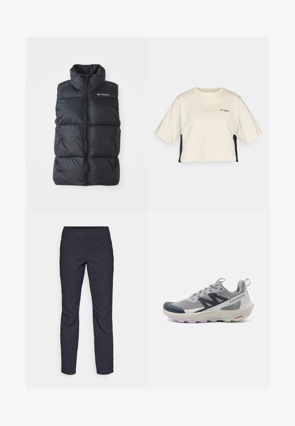 Melnas pūkainas vesti ar augstu apkakli, priekšējo rāvējslēdzēju un sānu kabatām. Strukturēts, quiltēts dizains ar Columbia logo uz pleca.; Krēmkrāsas īsā krekla ar apaļu kaklu, īsām piedurknēm un melniem sānu paneļiem; uz krūtīm redzams neliels melns logotips.; Navy zila bikses, kas izgatavotas no gludas auduma, ar priekšējo pogu aizdari, pieguļošu siluetu un krokām pie ceļgaliem.; Salomon skriešanas apavi pelēkā un jūras zilo krāsā ir aprīkoti ar elpojošu acu augšdaļu, gumijas pirkstu aizsargu un teksturētu zoli ar lavandas akcentiem.