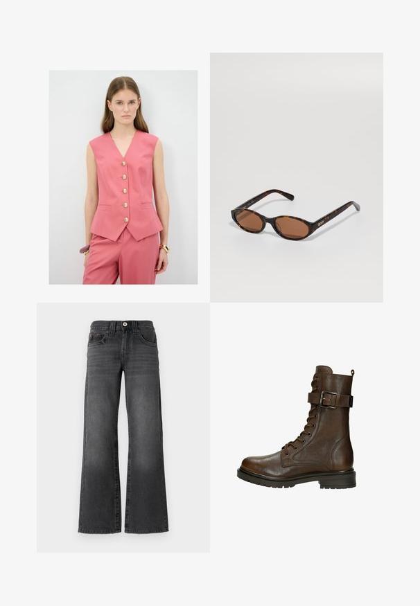 Růžová bezrukávová vesta s výstřihem do V, obsahující pět zlatých knoflíků, se sektorizovaným střihem a bočními kapsami. Nosit s odpovídajícími kalhotami.; Top bez rukávů v tmavě burgundské barvě, vyrobený z měkkého, pružného materiálu. Má vysoký výstřih a přiléhavý střih s čistými, dokončenými okraji.; Široké džínsy z tmavě šedého denimu. Obsahují pět kapes, zapínání na knoflík a jemné vyblednutí na látce. Klasické švy dodávají akcent.; Hnědá kožená kotníková obuv na šněrování se bočním přezkovým uzávěrem, kulatou špičkou, robustní podrážkou a švy pro zvýšení textury.; Skořicové oválné sluneční brýle s hnědými skly, nakloněné tak, aby bylo vidět logo "QUAY" na pravém ramenu na jednobodovém pozadí.