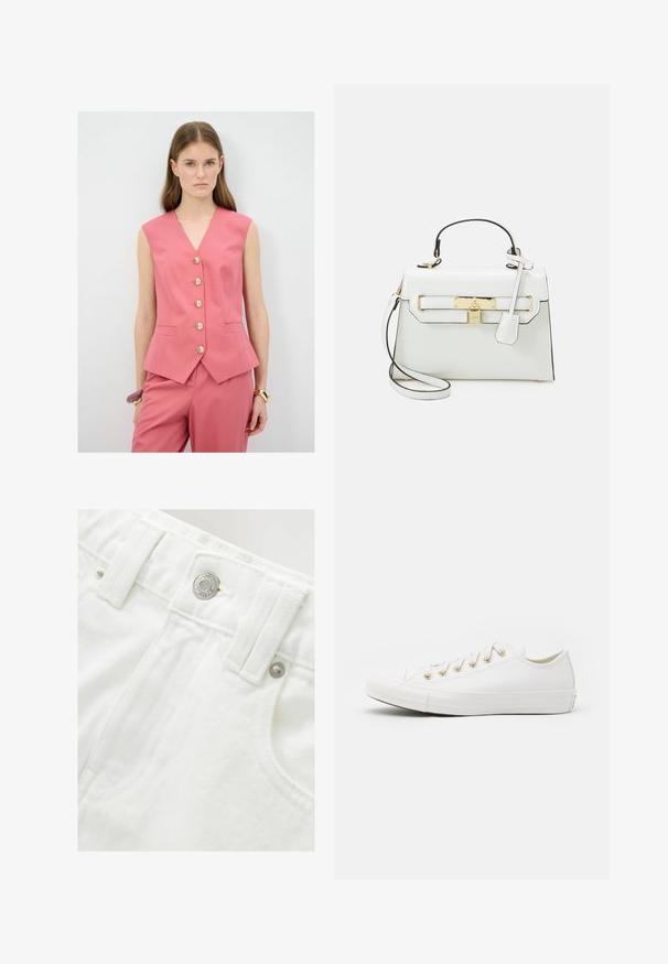 Rosa ärmellose Weste mit V-Ausschnitt, ausgestattet mit fünf goldenen Knöpfen, taillierter Passform und Seitentaschen. Getragen mit passenden Hosen.; Polo Ralph Lauren POLO BEAR COTTON JERSEY T-SHIRT - T-Shirt print - chambray blue; Weiße Denim-Shorts mit strukturiertem Bund, silbernem Knopfdetail und strukturiertem Stoff. Verfügt über Fronttaschen und saubere Nähte.; Converse CHUCK TAYLOR ALL STAR - Sneaker low - vintage white/light gold; Weiße Handtasche mit Krokodileffekt, goldenen Beschlägen, einem oberen Griff und einem abnehmbaren Schulterriemen; verfügt über einen Schlossverschluss und ein minimalistisches Design.