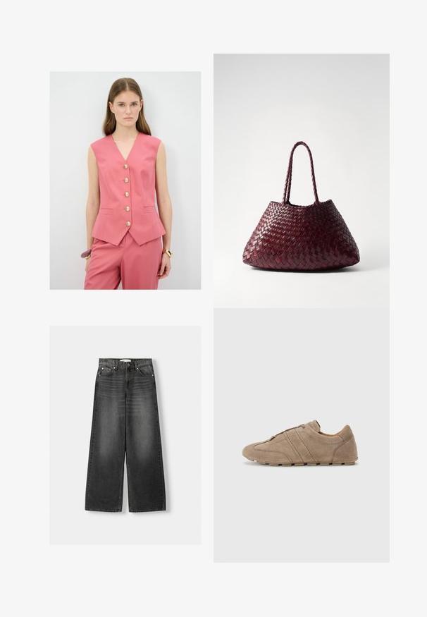 Gilet senza maniche rosa con scollo a V, caratterizzato da cinque bottoni dorati, una vestibilità sartoriale e tasche laterali. Indossato con pantaloni abbinati.; T-shirt bianca a maniche corte e scollo rotondo con vestibilità slim, esposta piatta su uno sfondo bianco.; Jeans a gamba larga e vita alta in denim grigio scuro. Presentano cinque tasche, rivetti in metallo e passanti per cintura. Tessuto liscio con una leggera scoloritura.; Scarpe in suede beige a profilo basso, con linee cucite e una superficie testurizzata, completate da suole in gomma antiscivolo.; DRAGON DIFFUSION SANTA CROCE BIG - Borsa a mano - bordo