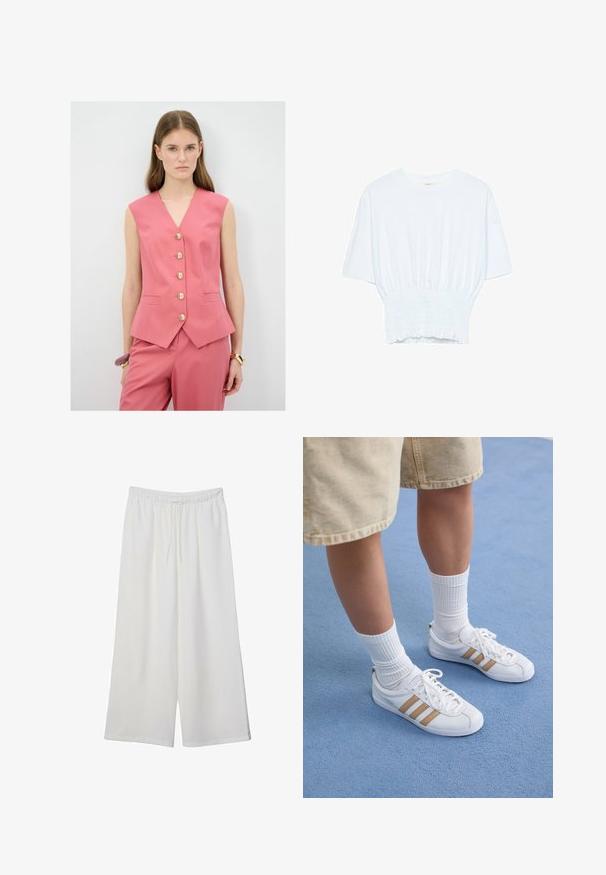 Rosa ärmellose Weste mit V-Ausschnitt, ausgestattet mit fünf goldenen Knöpfen, taillierter Passform und Seitentaschen. Getragen mit passenden Hosen.; Weißes T-Shirt mit kurzen Ärmeln, lockerer Passform und gerafftem Stoff an der Taille. Aus weichem, leichtem Material gefertigt.; Weiße, weit geschnittene Hosen aus leichtem Stoff, mit einem elastischen Bund und einem Zugband für eine verstellbare Passform. Glatte Textur.; Weiße Sneakers mit drei goldenen Streifen, Schnürdesign, Gummisohle, getragen mit gerippten weißen Socken und beigen Shorts auf einer blauen Fläche.