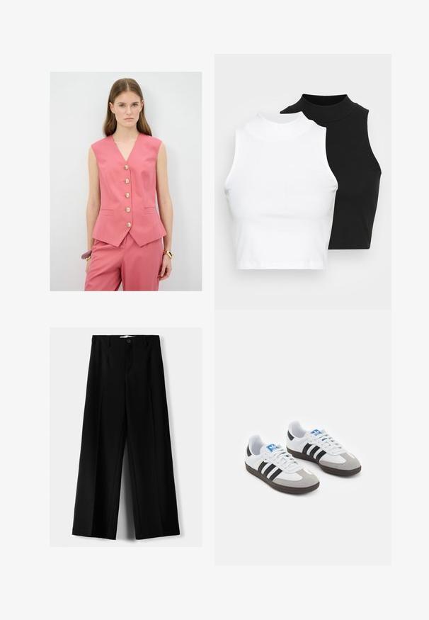 Roze mouwloze vest met een V-hals, voorzien van vijf gouden knopen, een getailleerde pasvorm en zijzakken. Draagt met bijpassende broek.; Twee mouwloze ribgebreide coltruien in zwart en wit, met een slim fit ontwerp en een gladde textuur, met een cropped lengte.; Zwarte wijde broek van lichtgewicht stof, met een knoopsluiting aan de voorkant en een vlakke achterkant, afgewerkt met keurig gestikte zoom.; Sportschoenen met een witte leren bovenkant, grijze suède neus en drie zwarte strepen. Bevat een blauw logo op de tong en een gestructureerde rubberen zool.