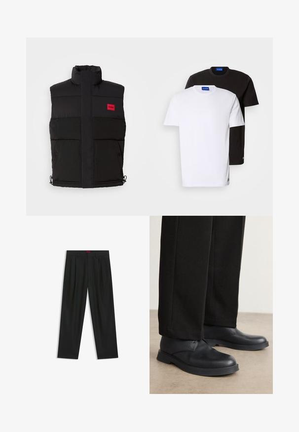 Schwarze Steppe-Weste mit hohem Kragen, ausgestattet mit einem roten rechteckigen Logo, zwei Vorderaschen und Zugbändern am Saum für eine verstellbare Passform.; Zwei übereinander gestapelte T-Shirts: eines weiß und eines schwarz. Kurze Ärmel, runde Ausschnitte, aus Baumwollstoff. Mit einem kleinen blauen Logo am Ausschnitt.; Schwarze Hose mit einem gefältelten Design, weiter Beinform und glatter Textur. Verfügt über ein rotes Taillenlabel.; Schwarze Lederschuhe mit abgerundeter Zehe, flacher Sohle und minimalem Design. Kombiniert mit maßgeschneiderten schwarzen Hosen, die eine glatte Textur zeigen.