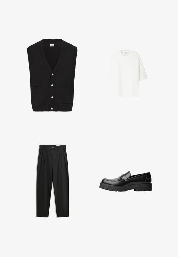 Mustavilla neuletta ilman hihoja oleva kardiagoni, jossa on V-pääntie, viisi valkoista nappia edessä ja kaksi etutaskua.; Valkoinen lyhythihainen T-paita, joka on valmistettu puuvillasta. Paita on pyöreäkauluksinen ja siinä on rento istuvuus sekä suora helma.; Mustat puuvillahousut rentoa mallia, joissa on klassinen vyötärö, etukangastukset ja sivutaskut. Sileä pinta ilman kuvioita.; Musta nahkainen loaferi, jossa on paksu urheilupohja ja koristeellinen hihna yläpääkkeellä, esitettynä vasemman sivuprofiilin kuvassa valkoista taustaa vasten.