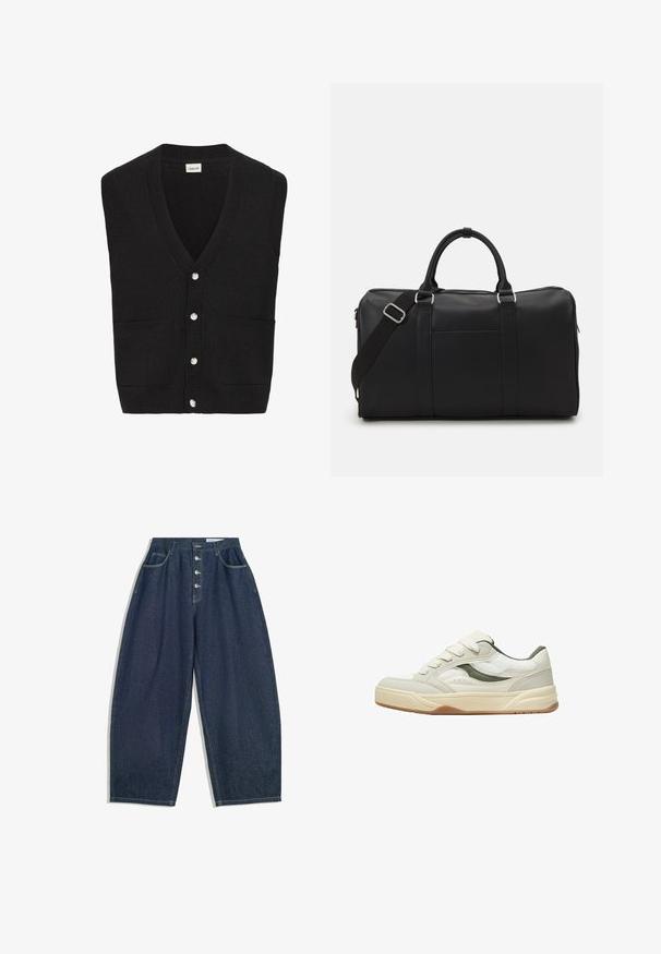 Schwarze gestrickte ärmellose Strickjacke mit V-Ausschnitt, fünf weißen Knöpfen an der Vorderseite und zwei Vorderaschen.; Weißes Baumwoll-T-Shirt mit Rundhalsausschnitt, kurzen Ärmeln und lockerer Passform. Hat ein schlichtes Design ohne Muster oder Akzente.; Dunkelblaue Denim-Hose mit weiter Beinform und hoher Taille, fünfknöpfigem Verschluss und fünf Taschen. Mit Steppnähten an den Nähten.; Weißer und grauer Sneaker mit einem Obermaterial aus strukturiertem Leder, Mesh-Einsätzen, gepolsterter Zunge und einer Gummisohle. Verfügt über kontrastierende grüne Akzente.; Pier One UNISEX - Weekender - black
