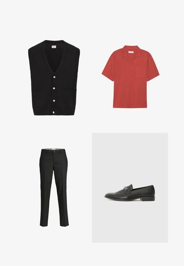 Black knitted sleeveless cardigan with V-neck, five white buttons down the front, and two front pockets.; Short-sleeve, rust-colored polo shirt with a soft texture, a notched collar, and a single chest pocket. Clean lines and minimal design.; Black trousers, tailored fit, smooth fabric, mid-rise waist, front button closure, diagonal pockets, and crease detailing down the legs.; Black leather loafer with a smooth finish, featuring a stitched design and a decorative metal chain accent across the vamp. Flat heel.