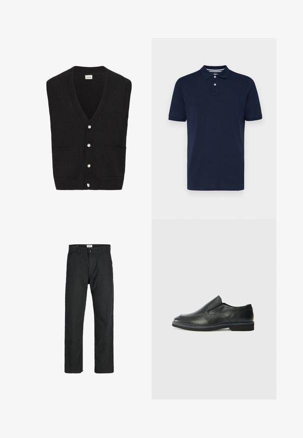 Schwarze gestrickte ärmellose Strickjacke mit V-Ausschnitt, fünf weißen Knöpfen an der Vorderseite und zwei Vorderaschen.; Dunkelblaues Poloshirt mit kurzen Ärmeln aus Baumwolle, mit einem kragenartigen Ausschnitt und drei Knöpfen sowie dezenten horizontalen Streifen am Kragen.; Schwarze Hosen aus strapazierfähigem Stoff, mit geradem Bein, genähten Akzenten und zwei vorderen Taschen für Funktionalität.; Schwarze Leder-Slipper mit glattem Obermaterial, gesteppten Akzenten, runder Zehenpartie und niedrigem Gummiabsatz. Die Sohle hat ein minimales Profil.