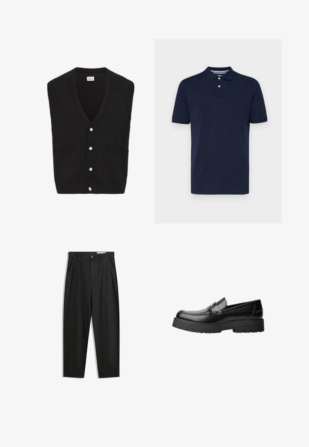 Cardigan senza maniche lavorato a maglia nera con scollatura a V, cinque bottoni bianchi sul davanti e due tasche frontali.; Polo shirt blu navy a maniche corte realizzato in cotone, con scollatura a polo con tre bottoni e sottili strisce orizzontali sul colletto.; Pantaloni in cotone neri con una vestibilità rilassata, dotati di una vita classica, pieghe frontali e tasche laterali. Tessuto liscio senza fantasie.; Mocassino in pelle nera con suola spessa e tassellata e fascia decorativa sulla parte superiore, mostrato in profilo sinistro su sfondo bianco.