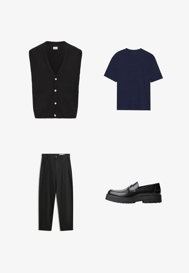 Schwarze gestrickte ärmellose Strickjacke mit V-Ausschnitt, fünf weißen Knöpfen an der Vorderseite und zwei Vorderaschen.; Navyblaues Kurzarm-T-Shirt mit Rundhalsausschnitt und dezenten horizontalen Streifen im Stoff. Hergestellt aus einem weichen Material.; Schwarze Baumwollhose mit lockerem Schnitt, ausgestattet mit einem klassischen Bund, vorderen Falten und Seiten taschen. Glatte Textur ohne Muster.; Schwarzer Lederloafer mit grobem, rutschfestem Sohlenprofil und dekorativem Riemen über der Oberseite, seitlich links auf weißem Hintergrund abgebildet.