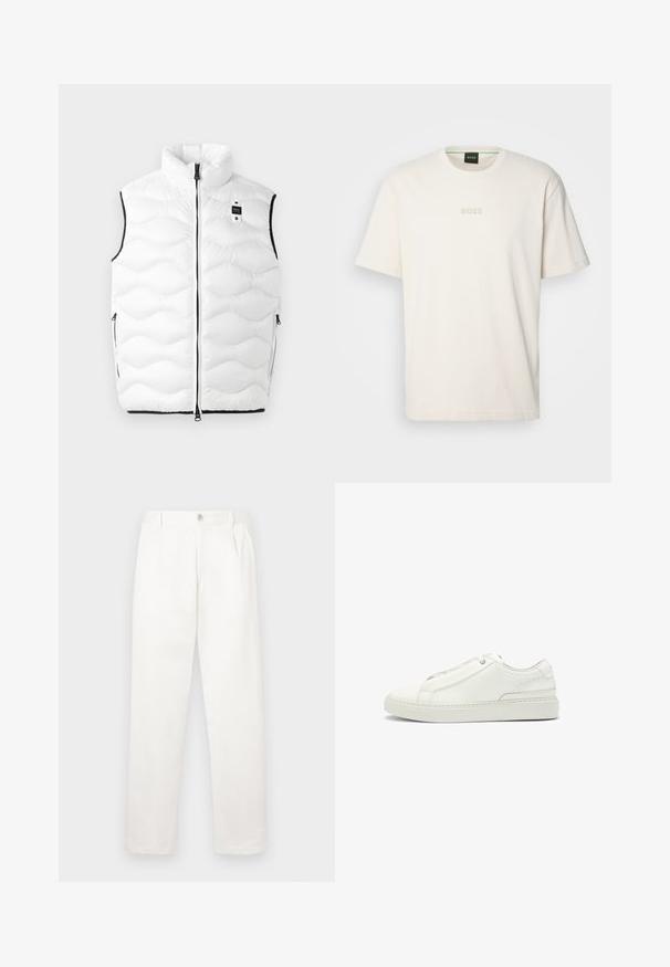 Hvid puffer vest med høj krave, kviltet design, sorte detaljer, frontlynlås og sidelommer. Har et lille logo på brystet.; BOSS TEE - T-shirts basic - open white; Hvide bukser lavet af glat stof, med en lige ben design, forpleater og en enkelt knap lukning i taljen.; Hvide lædersneakers med en tekstureret overdel, rund tå, minimalisk design og en gummisål med syede detaljer.
