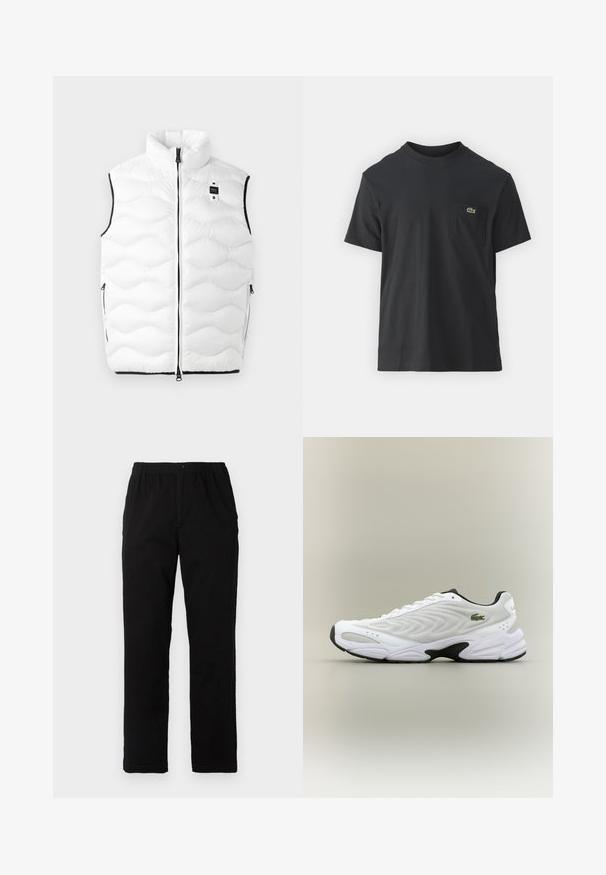 Baltas pūkinis liemėgys su aukštu apykakle, siuvinėta dizainu, juodais akcentais, priekiniais užtrauktukais ir šoninėmis kišenėmis. Turime mažą logotipo žymę ant krūtinės.; Juodas medvilninis marškinėliai trumpomis rankovėmis, apvaliu iškirpimu ir maža žalia logo kairėje krūtinės kišenėje. Paprastas dizainas, reguliaraus pjaustymo.; Juodi kelnės, pagamintos iš medvilnės mišinio, su tiesiomis kirpimo linijomis, elastingu liemeniu su mygtuku ir be aiškių raštų ar akcentų.; Balti sportiniai bateliai su tekstūruotu tinkliniu viršumi, lenkta forma ir kontrastingu juodu padu. Šone turi žalią siuvinėtą logotipą.