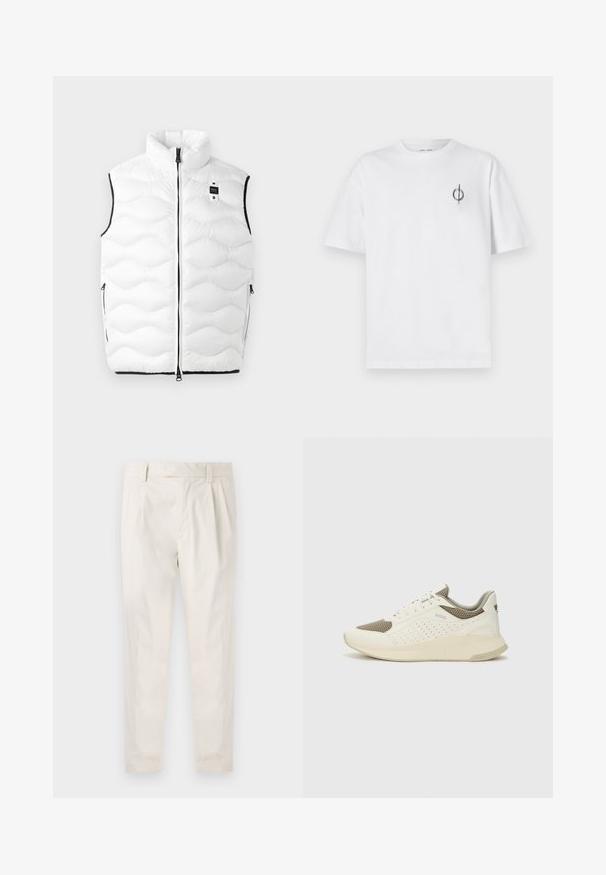 Bela pufasta brezrokavnika z visokim ovratnikom, prešito zasnovo, črnimi detajli, sprednjim zadrgo in stranskimi žepi. Ima majhen logotip na prsih.; Bela bombažna majica s sproščenim krojem, ki ima majhen črn grafični logotip na levem prsnem delu. Kratke rokave, okrogel izrez.; Bele, plisirane hlače s krojenim prileganjem, z gladko teksturo, z zankami za pas in ožjimi hlačnicami. Brez vidnih žepov ali vzorcev.; Beli in svetlo bež športni copat, s mrežastim zgornjim delom, perforiranimi detajli in teksturirano srednjim delom z blagovno znamko na peti.