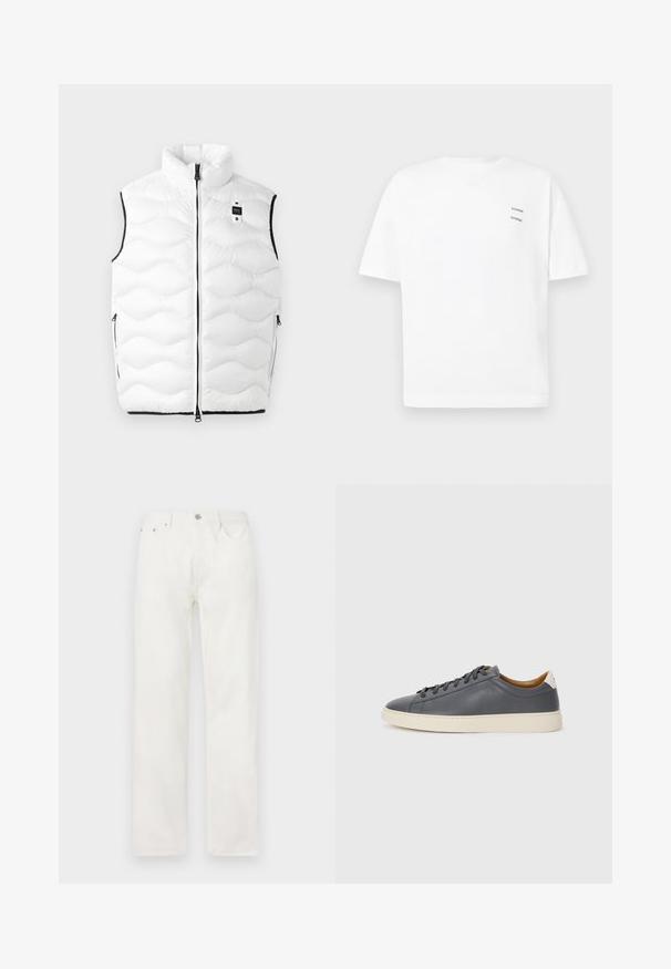 Valge puffer vesti kõrge kraega, ketramisdisain, mustad aktsendid, esi tõmblukuga ja küljetaskud. Rinnal on väike logo silt.; Valge puuvillane T-särk, mille lõige on lõdva istuvusega, lühikesed varrukad ja V-kaelus. Vasakul küljel on kaks väikest musta trükitud logo.; Valged denim teksad sirge lõikega, nööbi ja tõmblukuga sulgemine, viie taskuga disain ning ilma nähtavate mustrite või aktsentideta.; Hallhalli nahast tossud ümmarguse varbaga, kummist tallaga, lamedate paeltega ja heledate aktsentidega kontsadel. Sile tekstuur ja minimalistlik disain.