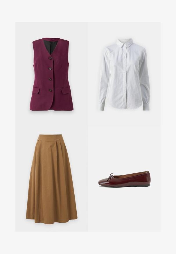 Rumen brez rok, barve slive, z črno podlogo, štirimi črnimi gumbi, V-izrezom in dvema sprednjima žepoma z poklopcem.; Bela srajca z gumbki, narejena iz gladkega bombaža, s klasičnim ovratnikom, dolgimi rokavi in ukrivljenim robom. Gumbi so majhni in beli.; Rjava bombažna A-linijska krila z visokim pasom, ki vključuje naborke spredaj in gladko teksturo. Robovi so čisti in preprosti.; Burgundska patenti usnjeni baletni čevlji z zaobljenim prstom, majhnim lokom na sprednji strani in nizkim črnim gumijastim podplatom. Gladka tekstura.