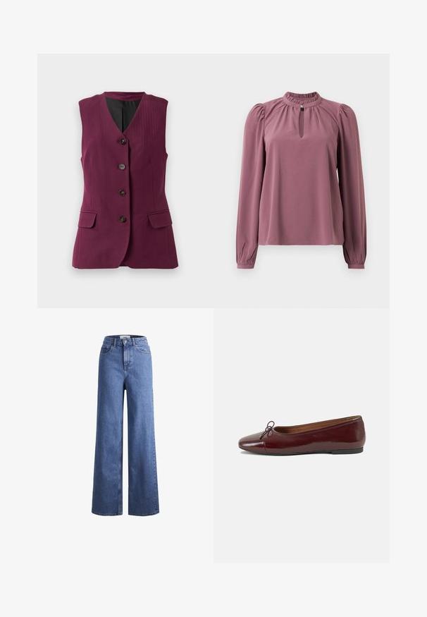 Gilet prugna senza maniche con foderatura nera, quattro bottoni neri, scollatura a V e due tasche anteriori con pattina.; Blusa a maniche lunghe in malva con colletto arricciato, scollatura a chiave con chiusura a bottone e spalle leggermente gonfie.; Jeans ampia in denim azzurro chiaro con vita alta, due tasche anteriori e cuciture in vista. Presentano una chiusura con bottone e zip.; Ballerine in pelle verniciata bordeaux con punta arrotondata, piccolo fiocco decorativo sulla parte anteriore e suola bassa in gomma nera. Texture liscia.