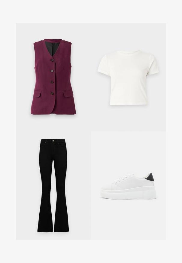 Bežinė be rankovių liemenė vyno spalvos su juodu pamušalu, keturiais juodais mygtukais, V formos iškirpte ir dviem priekiniais kišenėmis su uždanga.; Trumpa balta medvilnės marškinėliai su trumpomis rankovėmis, apvaliu kaklu ir tiesiu hemu, pasižyminti lygiu tekstūriu ir minimaliu dizainu.; Juodos aukšto liemens džinsai su mygtuku ir užtrauktuku, priekinėmis kišenėmis ir platėjančiomis kojomis, išdėstyti ant baltos fono.; Balti platforminiai sportbačiai, pagaminti iš lygios sintetinio audinio, su apvaliu pirštu, raištelių užsegimu ir tekstūruota guma padanga. Juodas kulno akcentas.
