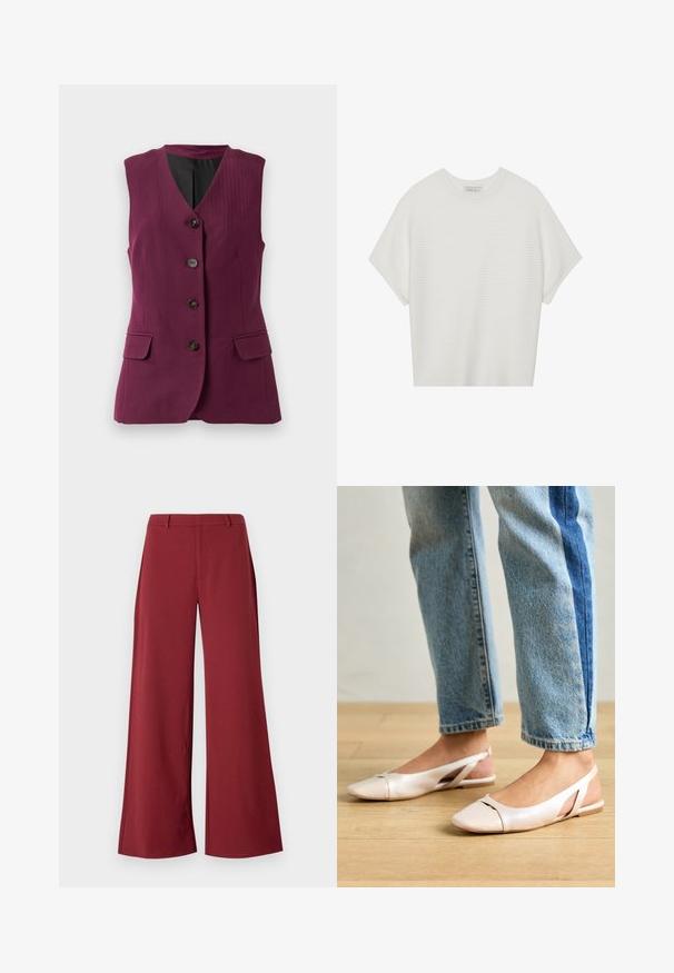 Varrukata ploomi värvi vest musta voodriga, neli musta nööpi, V-kaelus ja kaks ees olevat klapikotit.; Valge lühikeste varrukatega T-särk laia ümaraha kaelusega ja tekstureeritud ribapatterniga, pehmest kangast, lõdva istuvuse ja puhta disainiga.; Laiad püksid sügavas burgundia värvitoonis. Valmistatud siledast, venivast kangast, millel on kohandatud õmblused ja eesmine tõmblukk.; Kahvatu roosa slingback lapikute jalatsite paar, millel on terav varvas, valmistatud siledast nahataolisest materjalist. Omab külgedel lõikekohti ja lapikut kontsa.