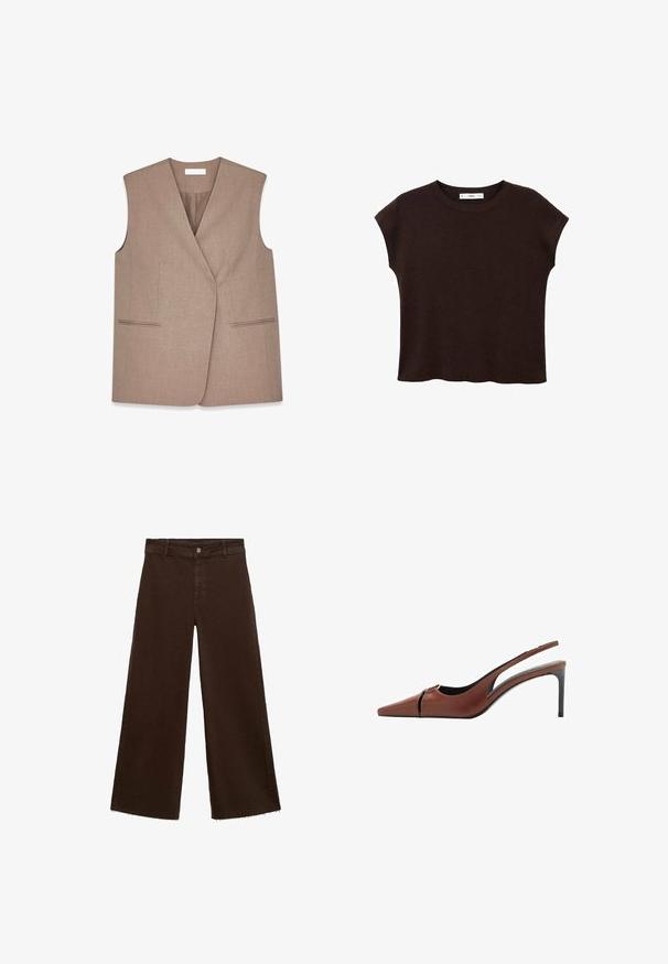 Rjav brezrokavnik z ovitim dizajnom, izdelan iz teksturirane tkanine. Ima dve sprednji žepni z obrobo ob robovih.; Rjava kratka majica s kratkimi rokavi in okroglim ovratnikom, izdelana iz teksturiranega materiala. Ima sproščen kroj in rahlo valovit rob. Čist, minimalističen dizajn.; Rjave široke hlače iz mešanice bombaža, z raztrganim robom, sprednjim gumbom in klasičnim dizajnom s petimi žepi. Minimalistične in vsestranske.; Rjavi usnjeni slingback čevelj z ostro konico, izrezom na vampu in elegantno stiletnasto peto. Gladka tekstura.