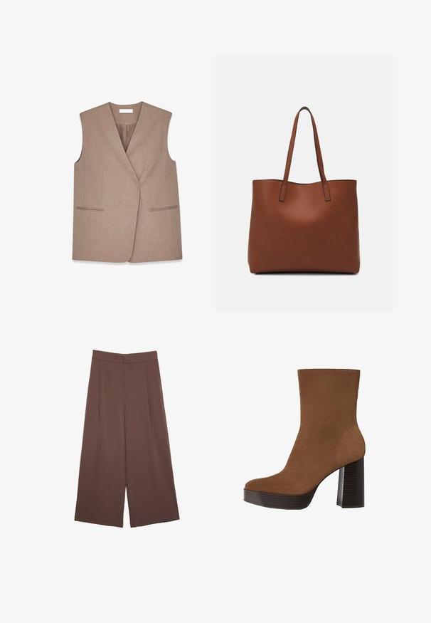 Brązowa bezrękawnik o kroju z wykrojem, wykonana z teksturowanej tkaniny. Posiada dwie przednie kieszenie z lamówką wzdłuż brzegów.; Brązowa koszulka z krótkim rękawem, wykonana z miękkiego materiału, z okrągłym dekoltem i luźnym krojem. Brak widocznych wzorów lub akcentów.; Brązowe spodnie o szerokich nogawkach z gładką fakturą, z wysokim stanem i plisami z przodu. Materiał jest lekki i luźno opada.; Brązowe zamszowe botki sięgające kostki z zaokrąglonym noskiem, masywnym czarnym paskiem na obcasie i gładką powierzchnią. Charakteryzują się dopasowanym krojem bez widocznych elementów metalowych.; Brązowa skórzana torba tote o gładkiej fakturze, z otwartym wierzchem i dwoma ramiączkami. Charakteryzuje się minimalnym przeszyciem i brakiem widocznych elementów metalowych.