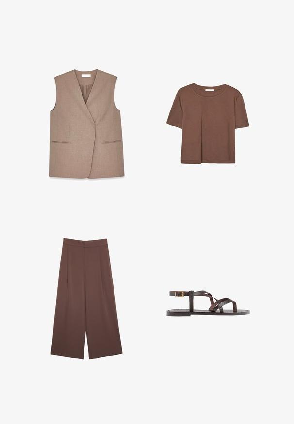 Ruskea ilmanhihainen liivi, jossa on kietaisuosa, valmistettu tekstuurikankaasta. Sisältää kaksi etutaskua, joissa on huolittelu yksityiskohtia reunoilla.; Kahvinsävyinen lyhythihainen t-paita, joka on valmistettu pehmeästä kankaasta. Pyöreä pääntie ja rento malli. Ei näkyviä kuvioita tai koristeita.; Ruskeat leveälahkeiset housut, joissa on sileä pinta, korkea vyötärö ja etupleat. Kangas on kevyttä ja laskeutuu väljänä.; Ruske kožne sandale s križnim trakama, zatvaranjem na kopču oko gležnja i ravnim potplatom s minimalnim detaljima šivanja.