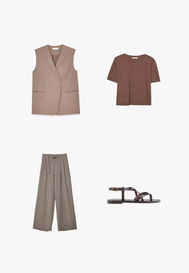 Brązowa bezrękawnik o kroju z wykrojem, wykonana z teksturowanej tkaniny. Posiada dwie przednie kieszenie z lamówką wzdłuż brzegów.; Brązowa koszulka z krótkim rękawem, wykonana z miękkiego materiału, z okrągłym dekoltem i luźnym krojem. Brak widocznych wzorów lub akcentów.; Spodnie o szerokich nogawkach w miękkim, stonowanym szarym materiale, z paskiem w talii i plisami dla dodania detali projektowych. Gładka tekstura, bez wzorów.; Brązowe skórzane sandały z krzyżującymi się paskami, zapięciem na klamrę przy kostce oraz płaską podeszwą z minimalnymi detalami szycia.
