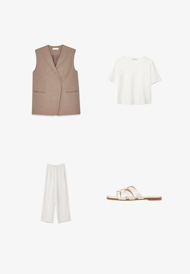 Brauner ärmelloser Weste mit Wickeldesign, hergestellt aus strukturiertem Stoff. Verfügt über zwei Vordertaschen mit Paspeln entlang der Kanten.; Weißes T-Shirt mit kurzen Ärmeln aus Baumwolle. Hat einen Rundhalsausschnitt und eine lockere Passform. Glatte Textur ohne sichtbare Muster oder Akzente.; Weiße weit geschnittene Hose aus leichtem Stoff. Mit einem elastischen Bund und Kordelzug sowie Seitentaschen. Glatte Textur.; Flache Sandalen mit einer honigfarbenen Gummisohle, gestaltet mit drei überlappenden weißen Lederriemen und einem kleinen Schleifendetail in der Mitte.