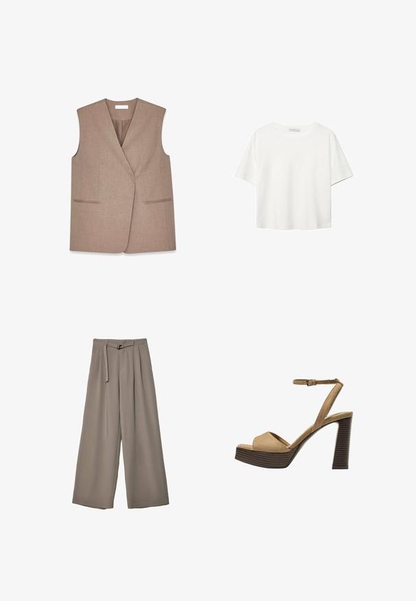 Brauner ärmelloser Weste mit Wickeldesign, hergestellt aus strukturiertem Stoff. Verfügt über zwei Vordertaschen mit Paspeln entlang der Kanten.; Weißes T-Shirt mit kurzen Ärmeln aus Baumwolle. Hat einen Rundhalsausschnitt und eine lockere Passform. Glatte Textur ohne sichtbare Muster oder Akzente.; Weite Hose aus einem weichen, gedämpften grauen Stoff, mit einem taillierten Bund und Falten für zusätzliche Design-Details. Glatte Textur, keine Muster.; Beige Wildleder-Pumps mit hohem Absatz, breitem Vorderband und Knöchelriemen, ausgestattet mit einem klobigen Holzblockabsatz mit strukturiertem Finish.