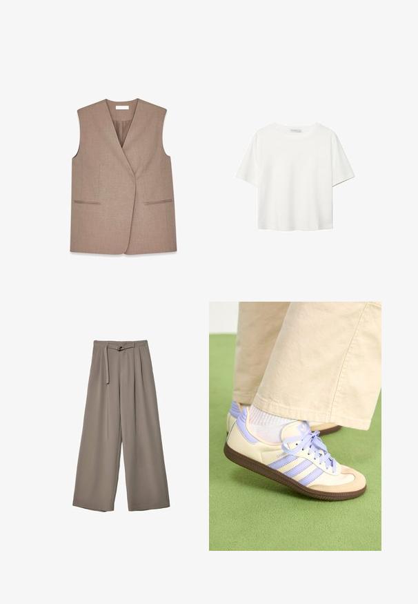 Brauner ärmelloser Weste mit Wickeldesign, hergestellt aus strukturiertem Stoff. Verfügt über zwei Vordertaschen mit Paspeln entlang der Kanten.; Weißes T-Shirt mit kurzen Ärmeln aus Baumwolle. Hat einen Rundhalsausschnitt und eine lockere Passform. Glatte Textur ohne sichtbare Muster oder Akzente.; Weite Hose aus einem weichen, gedämpften grauen Stoff, mit einem taillierten Bund und Falten für zusätzliche Design-Details. Glatte Textur, keine Muster.; Cremefarbene und lavendelfarbene Sneakers mit drei Streifen und einer strukturierten braunen Sohle, ausgestattet mit Schnürsenkeln und einer gepolsterten Ferse. Obermaterial aus weichem Stoff.