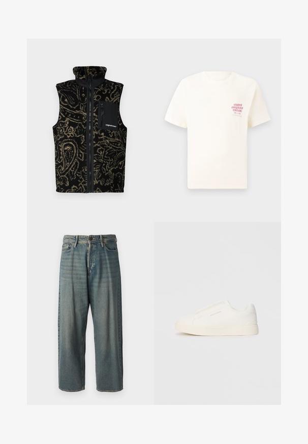 Schwarz-beige gemusterte Fleece-Weste mit hohem Kragen, Front-Reißverschluss und seitlichen Taschen. Verfügt über eine Brusttasche mit schwarzem Reißverschluss.; Weißes T-Shirt mit kurzen Ärmeln und rotem Text "Studio Originals Edition" auf der linken Brust, präsentiert vor einem neutralen grauen Hintergrund.; Helle blaue Denim-Jeans mit lockerer Passform, mittelhoher Taille und geraden Beinen. Hat fünf Taschen, Gürtelschlaufen und einen Knopfverschluss.; Weiße Slip-On-Sneaker mit einer strukturierten Oberfläche, dicker Sohle und minimalistischem Design. Mit Logo der Marke an der Seite.