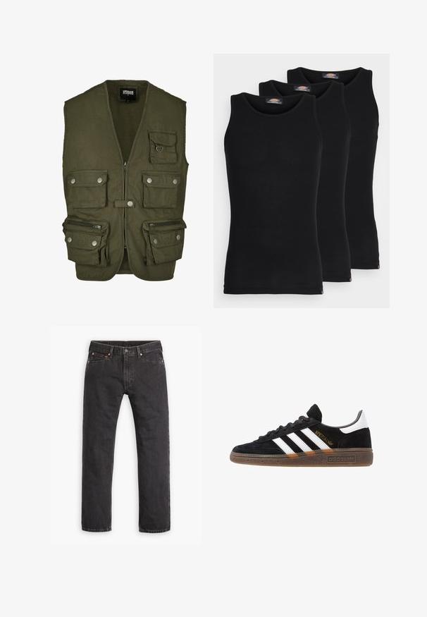 Oliwkowa kamizelka wykonana z tkaniny, z zamkiem błyskawicznym z przodu, wieloma przednimi kieszeniami i zapięciem na napy. Bez rękawów, praktyczny design do użytku roboczego.; Czarne koszulki na ramiączkach w zestawie trzech sztuk. Wyróżniają się żebrową fakturą, standardowym okrągłym dekoltem, bez rękawów. Na dole widoczna mała logo marki.; Czarne dżinsy typu straight-leg z pięcioma kieszeniami, zapięciem na guzik i miedzianymi nitami, ułożone na płasko na białym tle.; Czarny sneaker Adidas z białymi paskami, złotym napisem "Spezial", gumową podeszwą i białym elementem przy pięcie, przedstawiony w widoku z profilu.