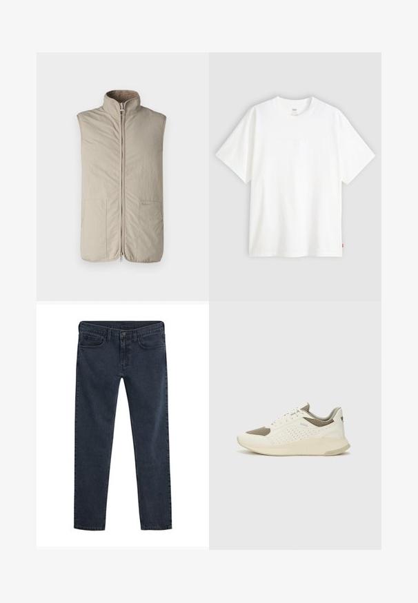 Beige sleeveless vest with a high collar, front zipper, and two side pockets. Features a soft, textured interior lining. Logo on side.; White short-sleeve t-shirt made of cotton with a crew neck. Features subtle embossed logo detail on the front and a red label at the hem.; Dark blue denim jeans with a slim fit, five-pocket design, button closure, and a subtle distressed texture throughout the fabric.; White and light beige athletic sneaker, featuring a mesh upper, perforated detailing, and a textured midsole with branding on the heel.