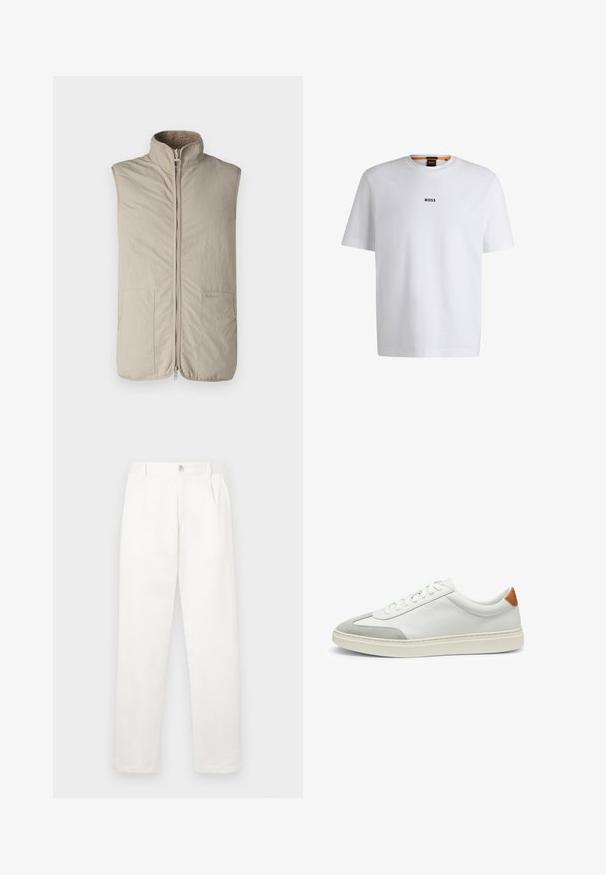 Beige sleeveless vest with a high collar, front zipper, and two side pockets. Features a soft, textured interior lining. Logo on side.; White cotton T-shirt with short sleeves, featuring a black "BOSS" logo centered on the chest and a round neck design.; White trousers made from smooth fabric, featuring a straight leg design, front pleats, and a single button closure at the waist.; White leather sneakers with gray suede accents and a tan leather heel tab. Features a textured surface and lightweight sole.