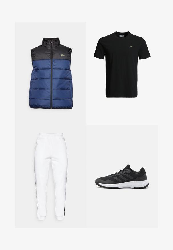 Marineblå puffervest med en sort øverste sektion, høj krave og frontlynlås. Har horisontalt quiltet syning og et lille logo.; Svart bomulls T-skjorte med rund hals, korte ermer, og en liten grønn krokodille-logo på venstre bryst. Glatt tekstur, uformelt design.; Hvite joggebukser med elastisk midje, med svarte sidestriper og mansjetter. Laget av myk stoff med en glatt tekstur.; Svart idrettssko med teksturert overdel, tre horisontale striper, og en hvit såle med mønstret gummibunn. Lettvekts og strømlinjeformet design.