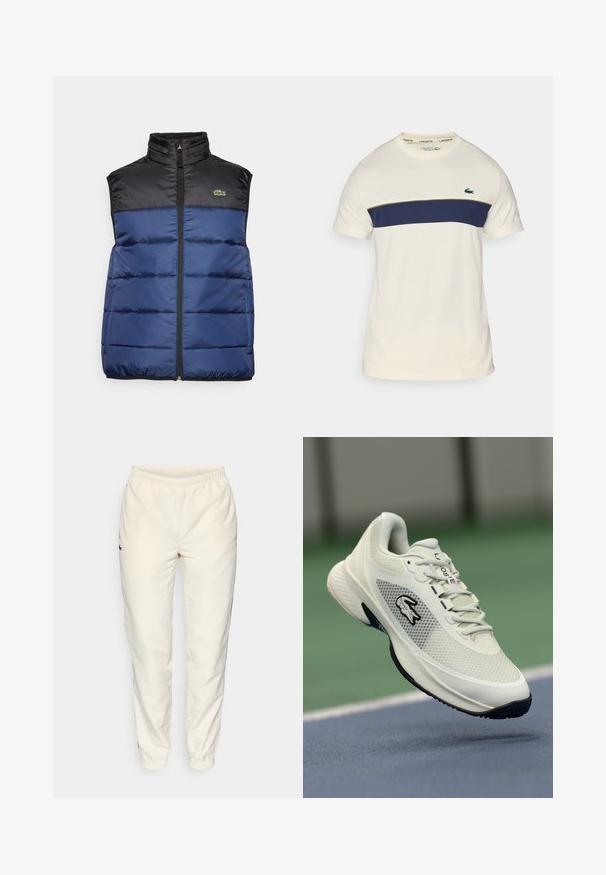 Jūras zilas puffer veste ar melnu augšējo daļu, augstu apkakli un priekšējo rāvējslēdzēju. Iezīmē horizontālas quilted šuves un mazu logo.; Kādam un jūras zila Lacoste t-kreklu ar apļveida kakla izgriezumu, īsām piedurknēm un horizontālu krāsu bloku. Iezīmēts ar zaļu krokodila logo.; Krēma krāsas sporta bikses ar elastīgu jostu, sašaurinātiem diegiem un mazu tumši zaļu logotipu kreisajā pusē. Gluda, viegla auduma.; Balti sporta apavi ar sieta materiāla augšpusi, melniem akcentiem, teksturētu zoli un izteiktu logo sānos, attēloti pret sporta laukuma fonu.