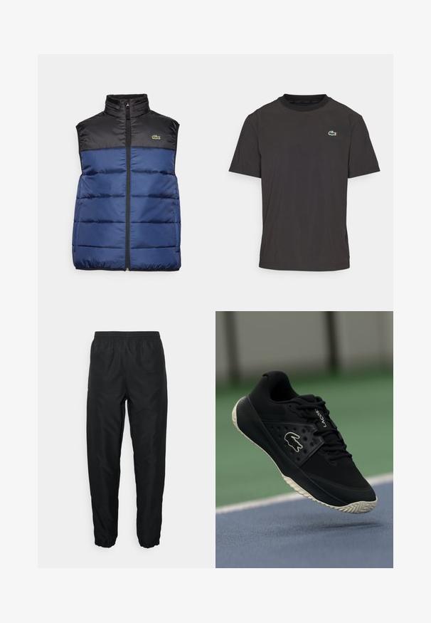 Colete acolchoado em azul-marinho com uma seção superior preta, gola alta e fecho éclair frontal. Apresenta costuras horizontais acolchoadas e um pequeno logótipo.; T-shirt preta de manga curta feita de um tecido suave, com um decote redondo e um pequeno logotipo de crocodilo verde no lado esquerdo do peito.; Calças desportivas pretas feitas de material leve com cintura e punhos elásticos, apresentando uma textura suave e um detalhe de marcação mínima.; Sapatilha atlética preta com superior texturizado e detalhes lisos, apresentando um logo branco, design de atacadores e sola de borracha flexível.