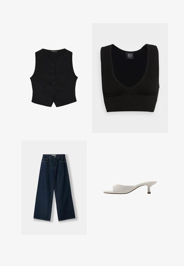 Schwarze ärmellose Weste mit Rundhalsausschnitt, vorderer Knopfleiste und taillierter Form. Hergestellt aus einem glatten Stoff mit minimaler Textur.; Schwarzes, geripptes Crop-Top mit breiten Trägern und einem tiefen V-Ausschnitt. Das Etikett trägt die Aufschrift "BDG", Größe S, mit einer glatten Textur und passgenauer Form.; Dunkelblaue, weit geschnittene Jeans aus Denim. Verfügt über fünf Taschen, einen Knopf- und Reißverschluss sowie Kontrastnähte.; Weiße offene Mules mit geschwungenem Design, niedrigem Absatz, glatter Textur und einem dezenten gestickten Muster. Brauner Akzent am Absatzboden.