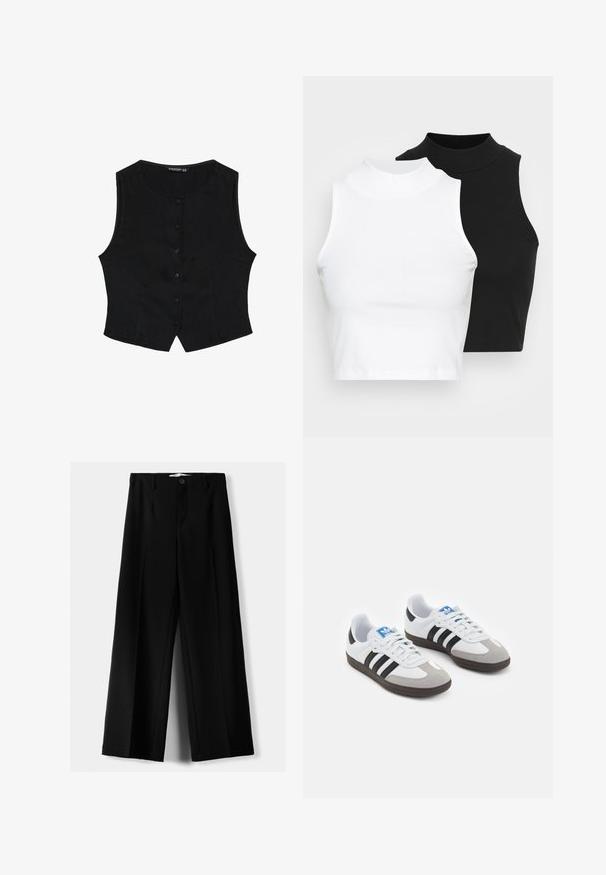 Czarna bezrękawnik z okrągłym dekoltem, z przodu zapinany na guziki, w tapered kształcie. Wykonany z gładkiego materiału o minimalnej teksturze.; Dwa bezrękawnikowe golfy w kolorze czarnym i białym, charakteryzujące się dopasowanym fasonem i gładką teksturą, o skróconej długości.; Czarne spodnie szerokie, wykonane z lekkiego materiału, z zapięciem na guzik z przodu i gładkim przodem, z starannie wykończonymi brzegami.; Buty sportowe z białą skórzaną cholewką, szarym zamszowym noskiem i trzema czarnymi paskami. Posiadają niebieskie logo na języku oraz teksturowaną gumową podeszwę.