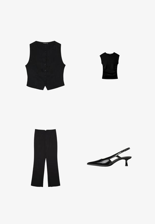 Gilet noir sans manches avec un col rond, fermeture à boutons sur le devant et forme cintrée. Fabriqué dans un tissu lisse avec une texture minimale.; Haut noir à manches courtes avec une silhouette ajustée, présentant des détails froncés sur les côtés et un tissu lisse et extensible pour le confort.; Pantalon noir avec une coupe droite, doté de poches avant et d'éclairs sur l'ourlet. Fabriqué en tissu doux et lisse. Convient à diverses occasions.; Escarpins slingback en cuir verni noir avec un bout pointu, un design découpé sur les côtés et un petit talon carré. Texture lisse avec des accents minimaux.