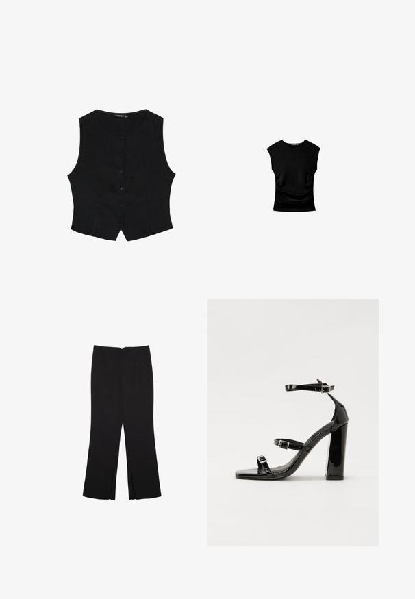 Gilet nero senza maniche con scollatura rotonda, chiusura frontale con bottoni e forma svasata. Realizzato in un tessuto liscio con texture minima.; Top corto nero a maniche corte con una silhouette aderente, caratterizzato da dettagli arricciati ai lati e un tessuto liscio e elasticizzato per il comfort.; Pantaloni neri a gamba dritta, con tasche frontali e spacchi laterali all'orlo. Realizzati in tessuto morbido e liscio. Adatti a diverse occasioni.; Sandali con tacco in vernice nera, con punta squadrata, cinturini alla caviglia e fibbie in argento. Presentano un tacco a blocco spesso per maggiore stabilità.