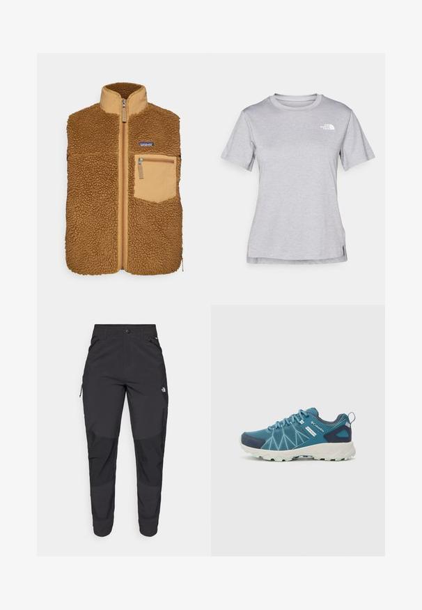 Brun fleecevest med høy krage, frontglidelås og sidelomme med glidelås. Utendørsstoff på skuldrene og en logo-patch på brystet.; Grå kortermet t-skjorte laget av myk, fukttransporterende stoff. Har en rund hals og en liten hvit logo på øvre venstre side.; Svart utendørsbukser laget av slitesterkt stoff. Har glidelåslommer, forsterkede knær og en rett skjæring for bevegelighet.; Columbia PEAKFREAK™ II OUTDRY™ - Fjellsko - blue heron/skylight