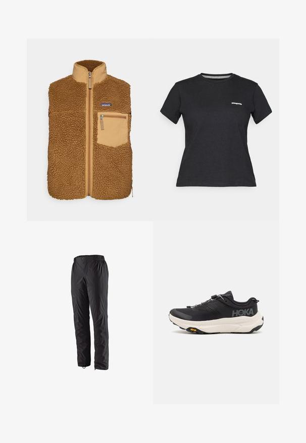 Smeđi runasti prsluk s visokim ovratnikom, prednjim zatvaračem i bočnim džepom na zatvarač. Vanjski materijal na ramenima i logotip na prsima.; Crna pamučna majica s okruglim izrezom i kratkim rukavima. Ima bijeli "Patagonia" logo na lijevoj strani prsa.; Crne vodootporne hlače s elastičnom trakom u struku, bočnim zatvorenim džepovima, suženim nogavicama i glatkom teksturom. Pogodne za vanjske aktivnosti.; Crne atletske cipele s prozračnom mrežicom na gornjem dijelu, gumenim potplatom, bijelim amortizirajućim srednjim dijelom i reflektirajućim vezicama. Vibram logo na potplatu.