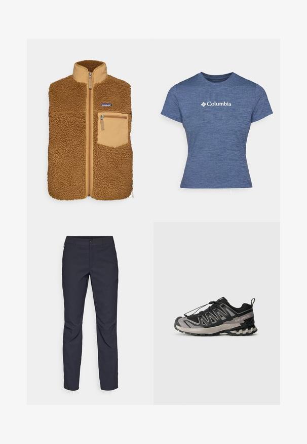 Rjav flis brezrokavnik z visokim ovratnikom, sprednjim zadrgo in stranskim žepom na zadrgo. Zunanji material na ramenih in logotip na prsih.; Modra kratka majica s kratkimi rokavi iz teksturirane tkanine, z belim logotipom Columbia na prsih, okroglo ovratnikom in prilegnjenim dizajnom.; Mornarji modri hlače iz gladkega blaga, z zapiranjem na gumb spredaj, tesno prilegnjenim krojem in gubami na kolenih.; Črne in sive športne čevlje z mrežasto zgornjim delom, gumijastim podplatom in elastiko za vezalke. Imajo ojačan prst in teksturirane detajle.
