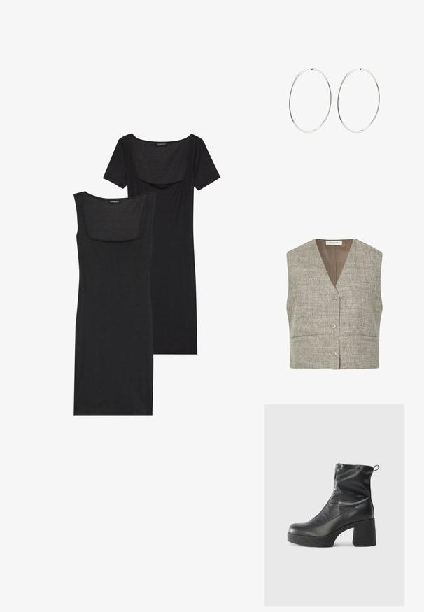 Pelēks teksturēts bezpieguļu veste ar V-veida kakla izgriezumu, priekšējām pogām un divām sānu kabatām. Audumam ir austs raksts neitrālā tonī.; Melnā ķermeni pieguļošā kleita ar kvadrātveida dekoltē, īsām piedurknēm un ribotu tekstūru. Divas variācijas: gaiša melnā un tumšāka melnā nokrāsa.; Melni potītes zābaki, kas izgatavoti no gludas ādas, ar sānu rāvējslēdzēju, masīvu strukturētu papēdi un noapaļotu purngalu.; Sudraba riņķa auskari ar gludu, apaļu dizainu un pulētu apdari. Tie ir plāni un viegli, ar vienkāršu aizdari.