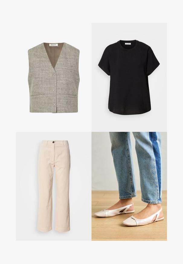 Šedá texturovaná bezrukávová vesta s výstřihem do V, předními knoflíky a dvěma bočními kapsami. Látka má tkaný vzor v neutrálním tónu.; Černé tričko s krátkým rukávem a kulatým výstřihem. Vyrobeno z lehké tkaniny, má volný střih a rovný spodní lem.; Beige korduroy kalhoty s rovnými nohavicemi, s předním zapínáním na knoflík a bočními kapsami, viditelné na bílém pozadí.; Světle růžové slingback baleríny s špičatou špičkou, vyrobené z hladkého koženému materiálu. Obsahují vystřihovací detaily po stranách a plochý podpatek.