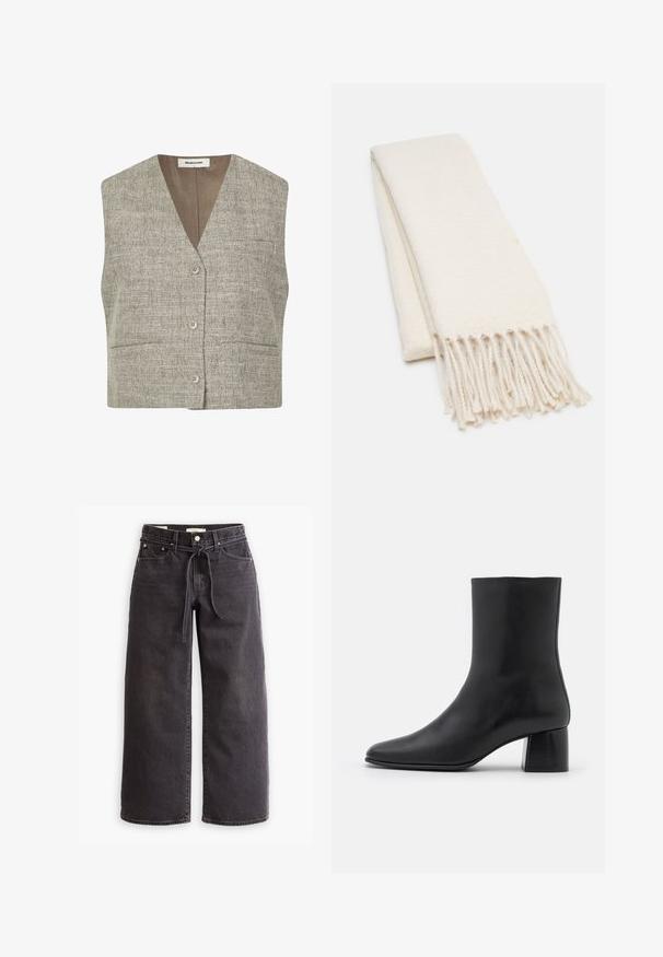 Grå texturerad ärmlös väst med V-ringning, framsida med knappar och två sidfickor. Tyget har ett vävt mönster i en neutral ton.; Tre långärmade tröjor staplade: svart, grå och vit. Var och en har en rund halsringning och en kort design med mjukt, lätt material.; Svarta vida jeans gjorda av denim, med dragsko i midjan, fem fickor och kontrasterande sömnadsdetaljer. Platt framsidan design.; Svart läderankelstövel med spetsig tå och chunkig fyrkantig klack. Slät textur med sömlös design och minimalistisk sömnad.; Vit scarf med ett texturerat mönster, med fransade ändar. Materialet ser mjukt och lätt ut, vikt prydligt för exponering.; Svart tote väska i texturerat material, med två långa handtag och en enkel, minimalistisk design utan synlig hårdvara.; Silverfärgade hoopörhängen med en slät, polerad yta. Rund form och säker klickstängning. Lättviktig design som passar för vardagligt bruk.