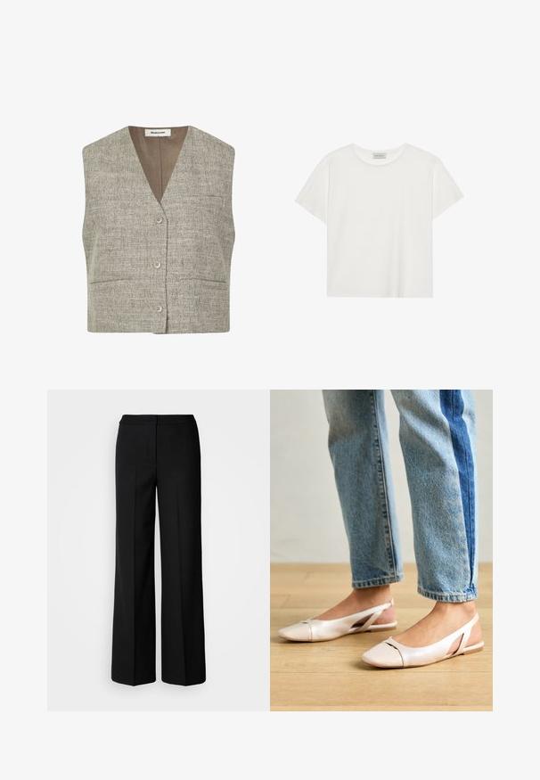 Šedá texturovaná bezrukávová vesta s výstřihem do V, předními knoflíky a dvěma bočními kapsami. Látka má tkaný vzor v neutrálním tónu.; Bílé tričko s krátkým rukávem vyrobené z měkké bavlny. Má kulatý výstřih a volný střih. Čistý design bez viditelných vzorů nebo akcentů.; Černé kalhoty s širokými nohavicemi z hladkého materiálu, s vysokým pasem, tailorovými švy a minimalistickým designem. Žádné viditelné kovové prvky ani kapsy.; Světle růžové slingback baleríny s špičatou špičkou, vyrobené z hladkého koženému materiálu. Obsahují vystřihovací detaily po stranách a plochý podpatek.