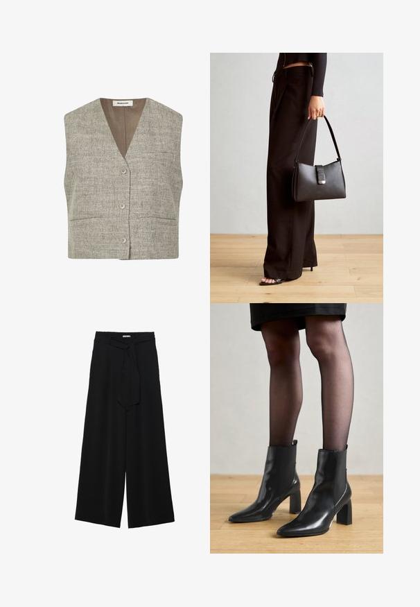 Gray textured sleeveless vest with a V-neck, front buttons, and two side pockets. Fabric features a woven pattern in a neutral tone.; Long-sleeve t-shirts in white, burgundy, and black. Made of soft fabric with a round neckline and fitted design. Suitable for layering.; Black wide-leg pants featuring a textured fabric, an elastic waistband, and a detachable sash tie at the waist for adjustable fit.; Black leather ankle boots with a pointed toe, chunky square heel, and sleek design. Features elastic side panels for easy wear.; Black handbag with structured shape, smooth texture, and a metallic clasp. Paired with wide black pants and open-toe sandals on wooden floor.; Silver hoop earrings with a smooth, shiny surface, featuring a curved shape and post-back closure. Minimalist design with a modern finish.